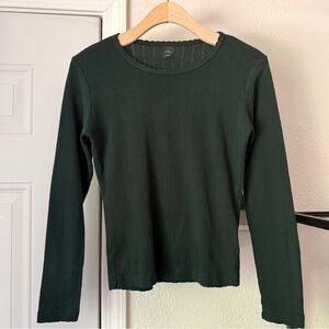 LESET dark emerald forest green pointelle knit crew neck long sleeve tee top